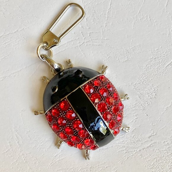 Red Ladybug Keychain Zipper Pull Purse Enamel Charm Backpack Crystal Silver Tone - Picture 2 of 9